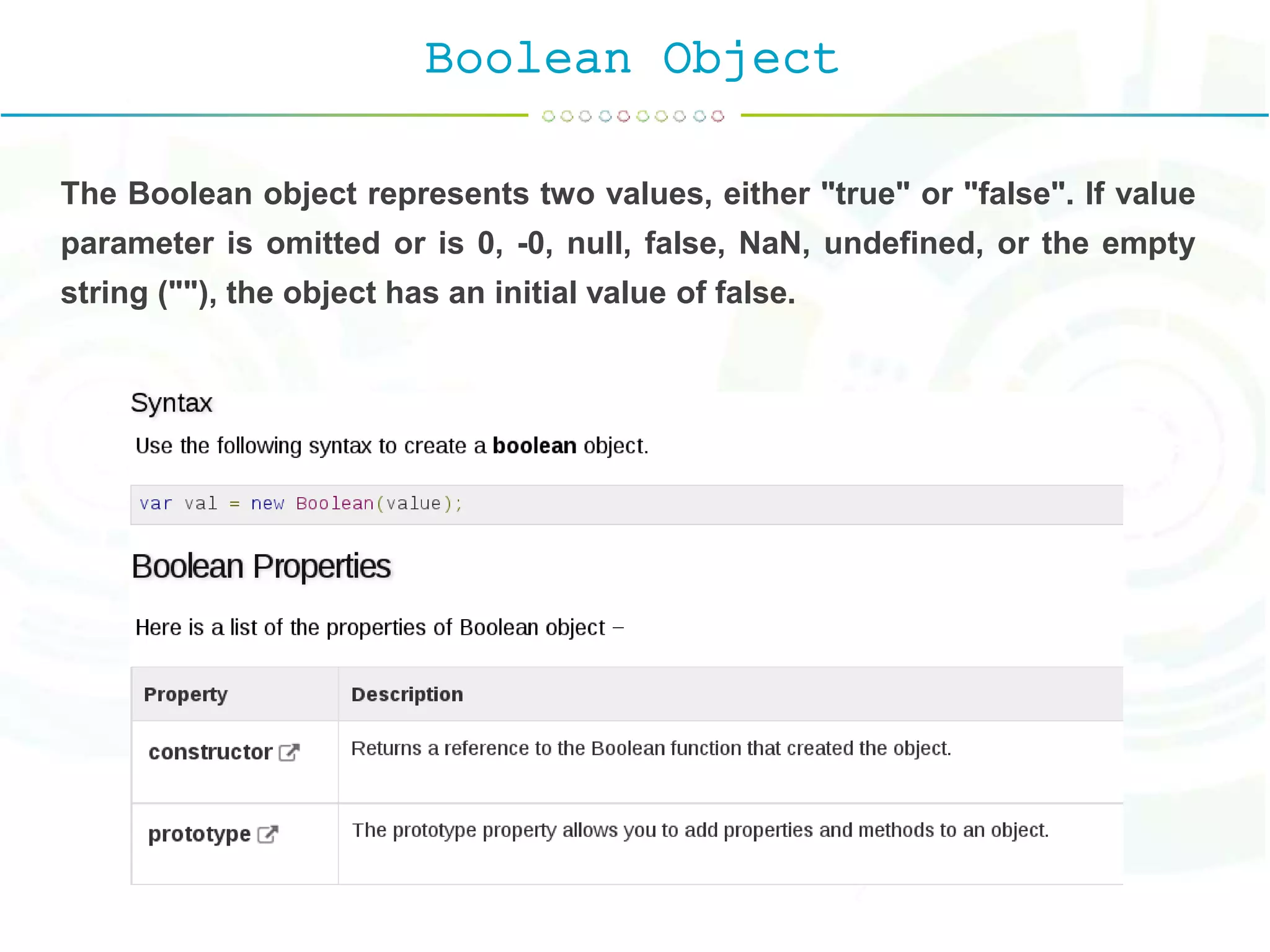 Boolean Object
The Boolean object represents two values, either "true" or "false". If value
parameter is omitted or is 0, -0, null, false, NaN, undefined, or the empty
string (""), the object has an initial value of false.
 