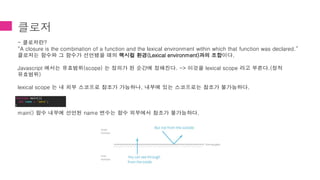 클로저
- 클로저란?
“A closure is the combination of a function and the lexical environment within which that function was declared.”
클로저는 함수와 그 함수가 선언됐을 때의 렉시컬 환경(Lexical environment)과의 조합이다.
Javascript 에서는 유효범위(scope) 는 정의가 된 순간에 정해진다. -> 이것을 lexical scope 라고 부른다.(정적
유효범위)
lexical scope 는 내 외부 스코프로 참조가 가능하나, 내부에 있는 스코프로는 참조가 불가능하다.
main() 함수 내부에 선언된 name 변수는 함수 외부에서 참조가 불가능하다.
function main(){
let name = 'zero';
}
 