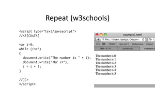 Repeat	
  (w3schools)	
  
<script type="text/javascript">
//<![CDATA[

var i=0;
while (i<=5)
{
  document.write("The number is " + i);
  document.write("<br />");
  i = i + 1;
}

//]]>
</script>
 
