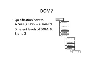 DOM?	
  
•  Speciﬁca)on	
  how	
  to	
  
   access	
  (X)Html	
  –	
  elements	
  
•  Diﬀerent	
  levels	
  of	
  DOM:	
  0,	
  
   1,	
  and	
  2	
  
 