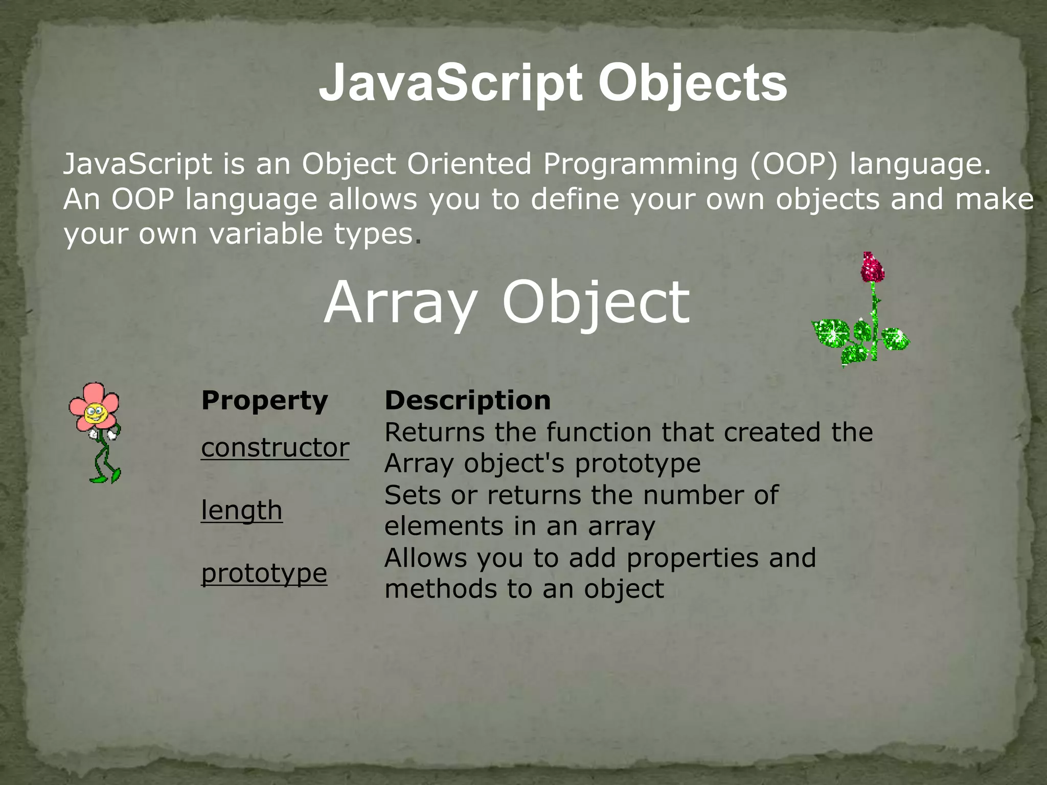 JavaScriptObjectsJavaScript is an Object Oriented Programming (OOP) language.An OOP language allows you to define your own objects and make your own variable types.Array Object