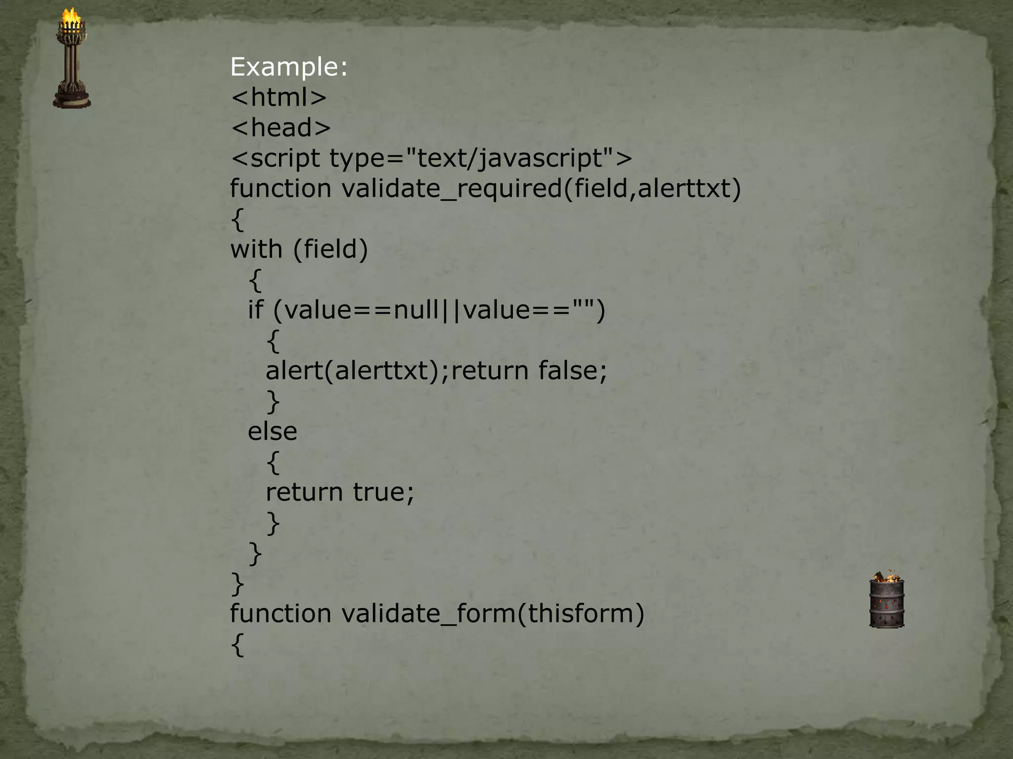 Date cookie - The first time a visitor arrives to your web page, the current date is stored in a cookie. Next time the visitor arrives at your page, he or she could get a message like "Your last visit was on Tuesday August 11, 2005!" The date is retrieved from the stored cookie                                    Create and Store a CookieIn this example we will create a cookie that stores the name of a visitor. The first time a visitor arrives to the web page, he or she will be asked to  fill in her/his name. The name is then stored in a cookie. The next time the visitor arrives at the same page, he or she will get welcome message.First, we create a function that stores the name of the visitor in a cookie                    VARIABLESThe parameters of the function above hold the name of the cookie, the value of the cookie, and the number of days until the cookie expires.In the function above we first convert the number of days to a valid date, then we add the number of days until the cookie should expire. After that we store the cookie name, cookie value and the expiration date in the document.cookie object.