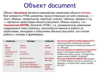 Объект document
Объект document является важнейшим свойством объекта window.
Все элементы HTML-разметки, присутствующие на web-странице, —
текст, абзацы, гиперссылки, картинки, списки, таблицы, формы и т.д.
— являются свойствами объекта document. Можно сказать, что
технология DHTML (Dynamic HTML), т.е. динамическое изменение
содержимого web-страницы, заключается именно в работе со
свойствами, методами и событиями объекта document (не считая
работы с окнами и фреймами).

                                        document.getElementsByTagName('P') -
                                        коллекция всех элементов (точнее,
                                        соответствующих им объектов) вида <P>,
                                        т.е. абзацев.
                                        document.getElementsByName('important')
                                        выдаст коллекцию (объектов) HTML-
                                        элементов любых типов, у которых был
                                        задан атрибут NAME="important"
                                        document.getElementById('id5') выдаст
                                        тот HTML-элемент (если их несколько, то
                                        первый), у которого был задан атрибут
                                        ID="id5".
 