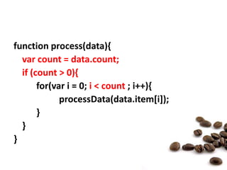 function process(data){<br />var count = data.count;<br />	if (count > 0){<br />		for(vari = 0; i < count ; i++){<br />pro...