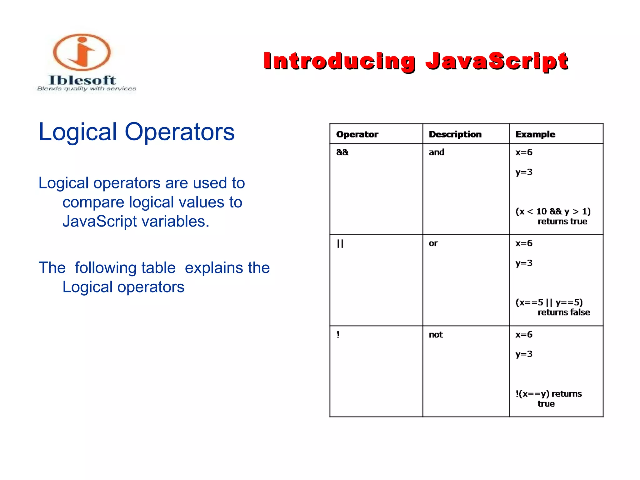 Introducing JavaScript Logical Operators Logical operators are used to compare logical values to JavaScript variables. The  following table  explains the Logical operators 