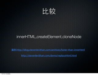 比较


                  innerHTML,createElement,cloneNode


              案例:http://blog.stevenlevithan.com/archives/faster-than-innerhtml

                      http://stevenlevithan.com/demo/replaceHtml.html




11年9月13日星期二
 