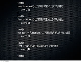 test();
              function  test(){//预编译定义,运行时略过
                 alert(1);
              }
              test();
              function  test(){//预编译定义,运行时略过
                 alert(2);
              }
              test();
              var  test  =  function(){//预编译声明,运行时赋值
                 alert(3);
              }
              test();
              test  =  function(){//运行时,变量赋值
                 alert(4);
              }
              test();
11年9月13日星期二
 