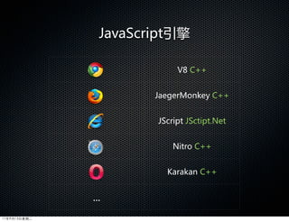 JavaScript引擎

                            V8  C++


                       JaegerMonkey  C++


                       JScript  JSctipt.Net


                           Nitro  C++


                         Karakan  C++


              ...
11年9月13日星期二
 