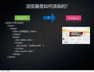 浏览器是如何渲染的?

                Input                     ?   output
    <!DOCTYPE  html>
      <html>
        <head>
          <title>1688首页</title>
          </head>
          <body>
            <div>hello</div>
            <script>
               doc.write(‘helloworld’);
            </script>
            <div>world</div>
          </body>
      </html>




11年9月13日星期二
 