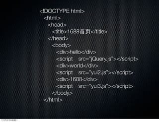 !DOCTYPE html
                html
                 head
                   title1688首页/title
                 /head
                   body
                     divhello/div
                     script　src=”jQuery.js”/script
                     divworld/div
                     script　src=”yui2.js”/script
                     div1688/div
                     script　src=”yui3.js”/script
                   /body
                /html


11年9月13日星期二
 