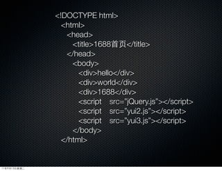 !DOCTYPE html
                html
                 head
                   title1688首页/title
                 /head
                   body
                     divhello/div
                     divworld/div
                     div1688/div
                     script　src=”jQuery.js”/script
                     script　src=”yui2.js”/script
                     script　src=”yui3.js”/script
                   /body
                /html


11年9月13日星期二
 