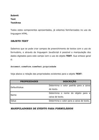 Submit
Text
TextArea


Todos estes componentes apresentados, já estamos familiarizados no uso da
linguagem HTML.


OBJETO TEXT


Sabemos que se pode criar campos de preenchimento de textos com o uso do
formulário, e através da linguagem JavaScript é possível a manipulação dos
dados digitados para este campo com o uso do objeto TEXT. Sua sintaxe geral
é:


document.nomeForm.nomeText.propriedade


Veja abaixo a relação das propriedades existentes para o objeto TEXT:


         PROPRIEDADES                             DESCRIÇÃO

                                    Determina o valor padrão para a caixa
DefaultValue
                                    de texto.

                                    Determina o nome do objeto para a
Name
                                    caixa de texto.

Value                               Determina o valor para a caixa de texto.


MANIPULADORES DE EVENTO PARA FORMULÁRIOS
 