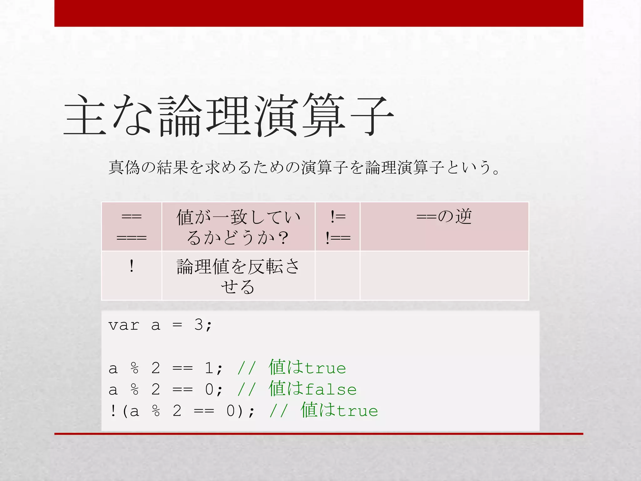 主な論理演算子
 真偽の結果を求めるための演算子を論理演算子という。


  ==   値が一致してい      !=     ==の逆
 ===    るかどうか？     !==
  !    論理値を反転さ
         せる

var a = 3;

a % 2 == 1; // 値はtrue
a % 2 == 0; // 値はfalse
!(a % 2 == 0); // 値はtrue
 