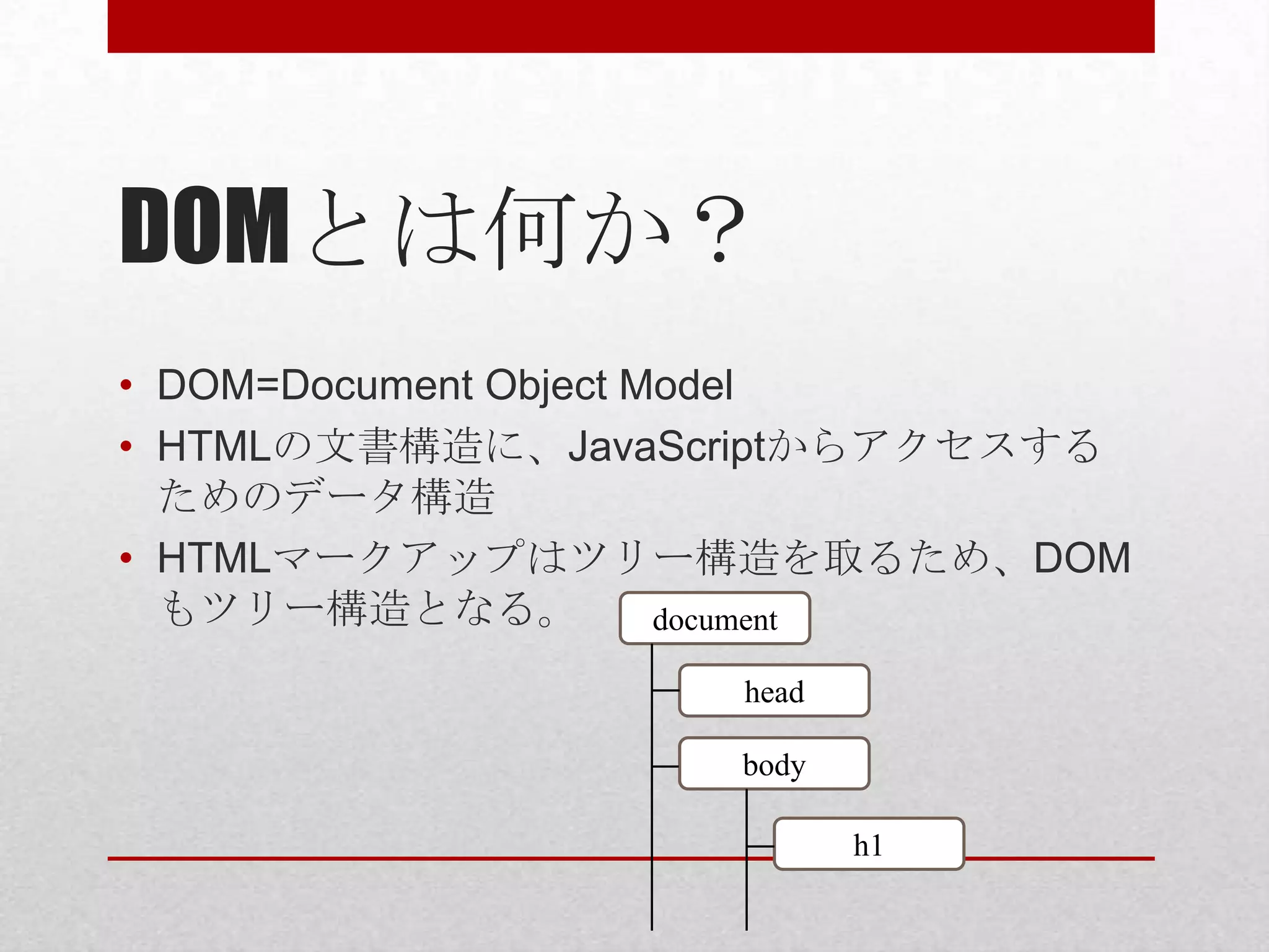 DOMとは何か？
• DOM=Document Object Model
• HTMLの文書構造に、JavaScriptからアクセスする
  ためのデータ構造
• HTMLマークアップはツリー構造を取るため、DOM
  もツリー構造となる。           document

                   head

                   body

                          h1
 