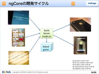 ngCoreの開発サイクル




                                                                      Build	
  
                                                                     Server	
  
                                                                    (node.js)	



                                                                      Baked	
  
                                                                      game	



                                                                                       By	
  nyuhuhuu	
  under	
  CC-­‐BY	
                                                                                       By	
  the_toe_stubber	
  under	
  CC-­‐BY	
                                                                                       By	
  _m	
  geers	
  under	
  CC-­‐BY-­‐SA	
                                                                                       By	
  superstrikertwo	
  under	
  CC-­‐BY-­‐SA	
                                                                                       By	
  osde8info	
  under	
  CC-­‐BY-­‐SA	

 Copyright	
  (c)	
  1999-­‐2011	
  DeNA	
  CO.,Ltd.	
  All	
  rights	
  reserved.	
                                          16/35	
 