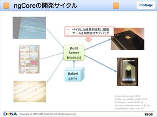 ngCoreの開発サイクル


                                                                     •      ベイクした結果を端末に配信	
  
                                                                     •      ゲームを動作させてデバッグ	




                                                                      Build	
  
                                                                     Server	
  
                                                                    (node.js)	



                                                                      Baked	
  
                                                                      game	



                                                                                                By	
  nyuhuhuu	
  under	
  CC-­‐BY	
                                                                                                By	
  the_toe_stubber	
  under	
  CC-­‐BY	
                                                                                                By	
  _m	
  geers	
  under	
  CC-­‐BY-­‐SA	
                                                                                                By	
  superstrikertwo	
  under	
  CC-­‐BY-­‐SA	
                                                                                                By	
  osde8info	
  under	
  CC-­‐BY-­‐SA	

 Copyright	
  (c)	
  1999-­‐2011	
  DeNA	
  CO.,Ltd.	
  All	
  rights	
  reserved.	
                                                   19/35	
 