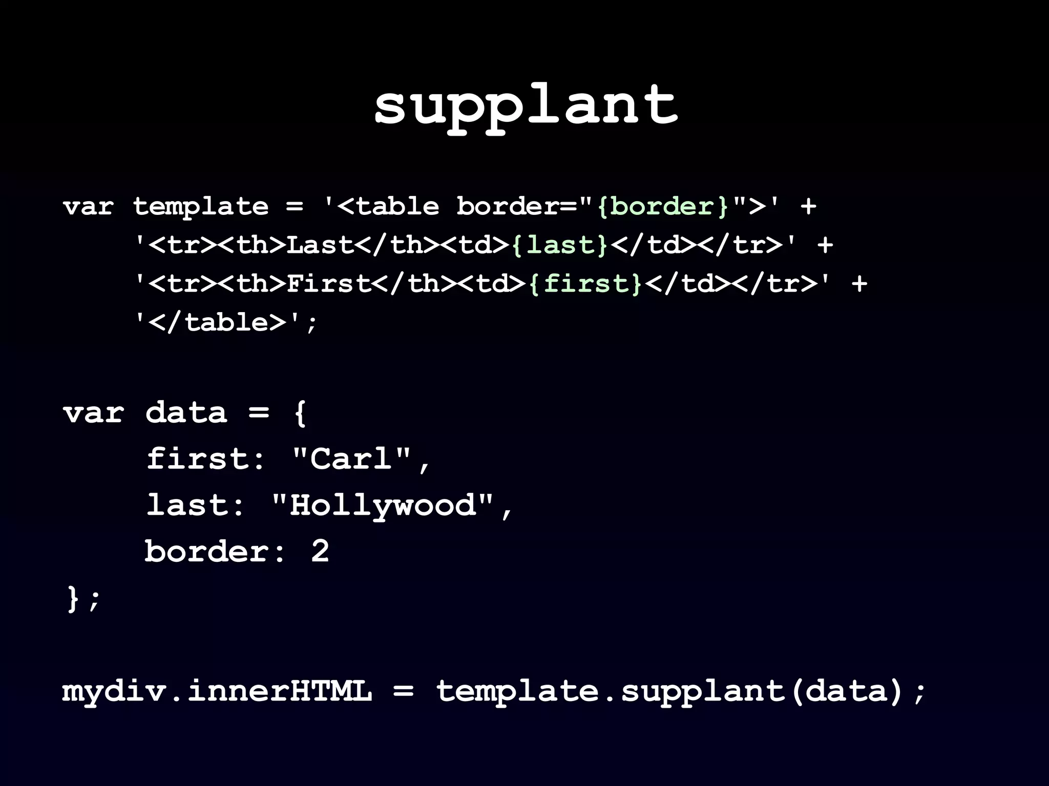 supplant var template = '<table border=" {border} ">' + '<tr><th>Last</th><td> {last} </td></tr>' + '<tr><th>First</th><td> {first} </td></tr>' + '</table>'; var data = { first: "Carl",  last: "Hollywood",  border: 2 }; mydiv.innerHTML = template.supplant(data); 