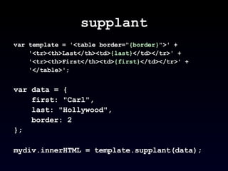 supplant var template = '<table border=" {border} ">' + '<tr><th>Last</th><td> {last} </td></tr>' + '<tr><th>First</th><td> {first} </td></tr>' + '</table>'; var data = { first: "Carl",  last: "Hollywood",  border: 2 }; mydiv.innerHTML = template.supplant(data); 