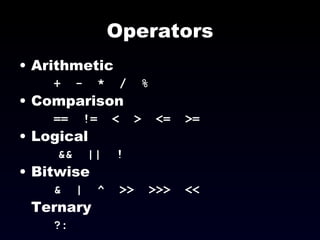 Operators Arithmetic +  -  *  /  % Comparison ==  !=  <  >  <=  >= Logical &&  ||  ! Bitwise &  |  ^  >>  >>>  << Ternary ?: 
