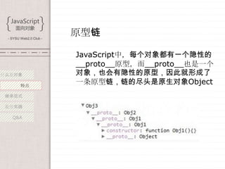 - SYSU Web2.0 Club -
                        原型链

                        JavaScript中，每个对象都有一个隐性的
                        __proto__原型，而__proto__也是一个
什么是对象                   对象，也会有隐性的原型，因此就形成了
        特点
                        一条原型链，链的尽头是原生对象Object
 继承范式

 最佳实践

   Q&A
 