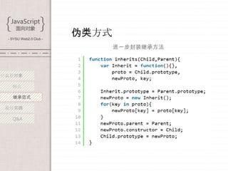 - SYSU Web2.0 Club -
                        伪类方式
                               进一步封装继承方法



什么是对象

   特点

   继承范式

 最佳实践

   Q&A
 