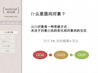 - SYSU Web2.0 Club -
                       什么是面向对象？

                       面向对象是一种思维方式，
什么是对象
                       关注于对象状态的变化和对象间的交互
  特点

继承范式                      程序 != 数据结构+算法
最佳实践

  Q&A

                        OOA   OOD     OOP
 