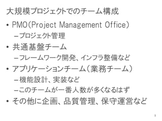大規模プロジェクトでのチーム構成
• PMO（Project Management Office）
  – プロジェクト管理
• 共通基盤チーム
  – フレームワーク開発、インフラ整備など
• アプリケーションチーム（業務チーム）
  – 機能設計、実装など
  – このチームが一番人数が多くなるはず
• その他に企画、品質管理、保守運営など
                                   9
 