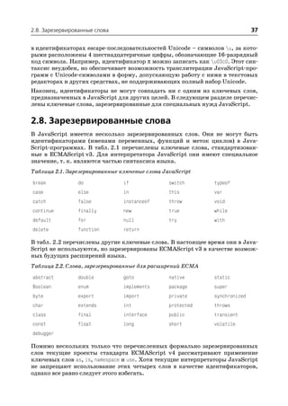 2.8. Зарезервированные слова                                                 37

в идентификаторах escape последовательностей Unicode – символов u, за кото
рыми расположены 4 шестнадцатеричные цифры, обозначающие 16 разрядный
код символа. Например, идентификатор π можно записать как u03c0. Этот син
таксис неудобен, но обеспечивает возможность транслитерации JavaScript про
грамм с Unicode символами в форму, допускающую работу с ними в текстовых
редакторах и других средствах, не поддерживающих полный набор Unicode.
Наконец, идентификаторы не могут совпадать ни с одним из ключевых слов,
предназначенных в JavaScript для других целей. В следующем разделе перечис
лены ключевые слова, зарезервированные для специальных нужд JavaScript.


2.8. Зарезервированные слова
В JavaScript имеется несколько зарезервированных слов. Они не могут быть
идентификаторами (именами переменных, функций и меток циклов) в Java
Script программах. В табл. 2.1 перечислены ключевые слова, стандартизован
ные в ECMAScript v3. Для интерпретатора JavaScript они имеют специальное
значение, т. к. являются частью синтаксиса языка.
Таблица 2.1. Зарезервированные ключевые слова JavaScript

break            do             if              switch        typeof
case             else           in              this          var
catch            false          instanceof      throw         void
continue         finally        new             true          while
default          for            null            try           with
delete           function       return

В табл. 2.2 перечислены другие ключевые слова. В настоящее время они в Java
Script не используются, но зарезервированы ECMAScript v3 в качестве возмож
ных будущих расширений языка.
Таблица 2.2. Слова, зарезервированные для расширений ECMA

abstract         double         goto            native        static
Boolean          enum           implements      package       super
byte             export         import          private       synchronized
char             extends        int             protected     throws
class            final          interface       public        transient
const            float          long            short         volatile
debugger

Помимо нескольких только что перечисленных формально зарезервированных
слов текущие проекты стандарта ECMAScript v4 рассматривают применение
ключевых слов as, is, namespace и use. Хотя текущие интерпретаторы JavaScript
не запрещают использование этих четырех слов в качестве идентификаторов,
однако все равно следует этого избегать.
 