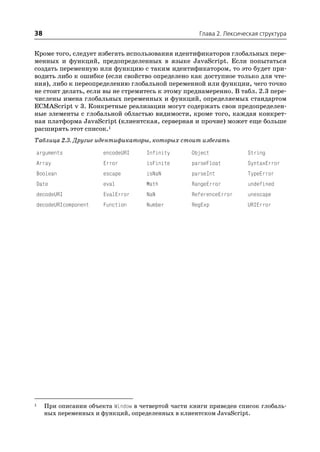 38                                                   Глава 2. Лексическая структура


Кроме того, следует избегать использования идентификаторов глобальных пере
менных и функций, предопределенных в языке JavaScript. Если попытаться
создать переменную или функцию с таким идентификатором, то это будет при
водить либо к ошибке (если свойство определено как доступное только для чте
ния), либо к переопределению глобальной переменной или функции, чего точно
не стоит делать, если вы не стремитесь к этому преднамеренно. В табл. 2.3 пере
числены имена глобальных переменных и функций, определяемых стандартом
ECMAScript v 3. Конкретные реализации могут содержать свои предопределен
ные элементы с глобальной областью видимости, кроме того, каждая конкрет
ная платформа JavaScript (клиентская, серверная и прочие) может еще больше
расширять этот список.1
Таблица 2.3. Другие идентификаторы, которых стоит избегать

arguments              encodeURI     Infinity      Object            String
Array                  Error         isFinite      parseFloat        SyntaxError
Boolean                escape        isNaN         parseInt          TypeError
Date                   eval         Math           RangeError        undefined
decodeURI              EvalError     NaN           ReferenceError    unescape
decodeURIcomponent     Function      Number        RegExp            URIError




1    При описании объекта Window в четвертой части книги приведен список глобаль
     ных переменных и функций, определенных в клиентском JavaScript.
 