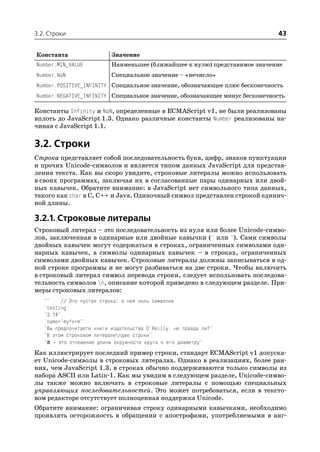 3.2. Строки                                                                 43


Константа                  Значение
Number.MIN_VALUE           Наименьшее (ближайшее к нулю) представимое значение
Number.NaN                 Специальное значение – «нечисло»
Number.POSITIVE_INFINITY Специальное значение, обозначающее плюс бесконечность
Number.NEGATIVE_INFINITY Специальное значение, обозначающее минус бесконечность

Константы Infinity и NaN, определенные в ECMAScript v1, не были реализованы
вплоть до JavaScript 1.3. Однако различные константы Number реализованы на
чиная с JavaScript 1.1.

3.2. Строки
Строка представляет собой последовательность букв, цифр, знаков пунктуации
и прочих Unicode символов и является типом данных JavaScript для представ
ления текста. Как вы скоро увидите, строковые литералы можно использовать
в своих программах, заключая их в согласованные пары одинарных или двой
ных кавычек. Обратите внимание: в JavaScript нет символьного типа данных,
такого как char в C, C++ и Java. Одиночный символ представлен строкой единич
ной длины.

3.2.1. Строковые литералы
Строковый литерал – это последовательность из нуля или более Unicode симво
лов, заключенная в одинарные или двойные кавычки (' или "). Сами символы
двойных кавычек могут содержаться в строках, ограниченных символами оди
нарных кавычек, а символы одинарных кавычек – в строках, ограниченных
символами двойных кавычек. Строковые литералы должны записываться в од
ной строке программы и не могут разбиваться на две строки. Чтобы включить
в строковый литерал символ перевода строки, следует использовать последова
тельность символов n, описание которой приведено в следующем разделе. При
меры строковых литералов:
   ""     // Это пустая строка: в ней ноль символов
   'testing'
   "3.14"
   'name="myform"'
   "Вы предпочитаете книги издательства O'Reilly, не правда ли?"
   "В этом строковом литералеnдве строки"
   "π это отношение длины окружности круга к его диаметру"
Как иллюстрирует последний пример строки, стандарт ECMAScript v1 допуска
ет Unicode символы в строковых литералах. Однако в реализациях, более ран
них, чем JavaScript 1.3, в строках обычно поддерживаются только символы из
набора ASCII или Latin 1. Как мы увидим в следующем разделе, Unicode симво
лы также можно включать в строковые литералы с помощью специальных
управляющих последовательностей. Это может потребоваться, если в тексто
вом редакторе отсутствует полноценная поддержка Unicode.
Обратите внимание: ограничивая строку одинарными кавычками, необходимо
проявлять осторожность в обращении с апострофами, употребляемыми в анг
 