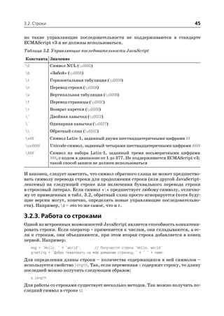 3.2. Строки                                                                        45

но такие управляющие последовательности не поддерживаются в стандарте
ECMAScript v3 и не должны использоваться.
Таблица 3.2. Управляющие последовательности JavaScript
Константа Значение
0              Символ NUL (u0000)
b              «Забой» (u0008)
t              Горизонтальная табуляция (u0009)
n              Перевод строки (u000A)
v              Вертикальная табуляция (u000B)
f              Перевод страницы (u000C)
r              Возврат каретки (u000D)
"              Двойная кавычка (u0022)
'              Одинарная кавычка (u0027)
              Обратный слэш (u005C)
xXX            Символ Latin 1, заданный двумя шестнадцатеричными цифрами XX
uxXXXX         Unicode символ, заданный четырьмя шестнадцатеричными цифрами XXXX
XXX            Символ из набора Latin 1, заданный тремя восьмеричными цифрами
                XXX, с кодом в диапазоне от 1 до 377. Не поддерживается ECMAScript v3;
                такой способ записи не должен использоваться

И наконец, следует заметить, что символ обратного слэша не может предшество
вать символу перевода строки для продолжения строки (или другой JavaScript
лексемы) на следующей строке или включения буквального перевода строки
в строковый литерал. Если символ «» предшествует любому символу, отлично
му от приведенных в табл. 3.2, обратный слэш просто игнорируется (хотя буду
щие версии могут, конечно, определять новые управляющие последовательно
сти). Например, # – это то же самое, что и #.

3.2.3. Работа со строками
Одной из встроенных возможностей JavaScript является способность конкатени
ровать строки. Если оператор + применяется к числам, они складываются, а ес
ли к строкам, они объединяются, при этом вторая строка добавляется в конец
первой. Например:
     msg = "Hello, " + "world";       // Получается строка "Hello, world"
     greeting = "Добро пожаловать на мою домашнюю страницу," + " " + name;
Для определения длины строки – количества содержащихся в ней символов –
используется свойство length. Так, если переменная s содержит строку, то длину
последней можно получить следующим образом:
     s.length
Для работы со строками существует несколько методов. Так можно получить по
следний символ в строке s:
 