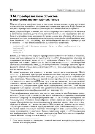 60                                                          Глава 3. Типы данных и значения


3.14. Преобразование объектов
в значения элементарных типов
Обычно объекты преобразуются в значения элементарных типов достаточно
прямолинейным способом, о котором рассказывалось в разделе 3.5.3. Однако на
вопросах преобразования объектов следует остановиться более подробно.1
Прежде всего следует заметить, что попытка преобразования непустых объектов
в логическое значение дает в результате значение true. Это справедливо для лю
бых объектов (включая массивы и функции), даже для объектов оберток, кото
рые представляют элементарные типы, при другом способе преобразования даю
щие значение false. Например, все нижеследующие объекты преобразуются
в значение true при использовании их в логическом контексте:
     new   Boolean(false) // Внутреннее значение – false, но объект преобразуется в true
     new   Number(0)
     new   String("")
     new   Array( )
В табл. 3.3 описывается порядок преобразования объектов в числовые значения,
когда сначала вызывается метод объекта valueOf(). Большинство объектов по
умолчанию наследуют метод valueOf() от базового объекта Object, который воз
вращает сам объект. Поскольку по умолчанию метод valueOf() не возвращает
значение элементарного типа, далее интерпретатор JavaScript пытается преоб
разовать объект в число вызовом метода toString() с последующим преобразова
нием строки в число.
В случае массивов это приводит к весьма интересным результатам. Метод
toString() у массивов преобразует элементы массива в строки и возвращает ре
зультат операции конкатенации этих строк, разделяя отдельные элементы мас
сива запятыми. Таким образом, пустой массив преобразуется в пустую строку,
что в результате дает число 0! Кроме того, если массив состоит из единственного
элемента, содержащего число n, весь массив преобразуется в строковое представ
ление числа n, которое затем будет вновь преобразовано в число n. Если массив
содержит более одного элемента или единственный элемент массива не является
числом, результатом преобразования будет значение NaN.
Тип преобразования зависит от контекста, в котором это преобразование произ
водится. Существуют такие ситуации, когда невозможно однозначно определить
контекст. Оператор + и операторы сравнения (<, <=, > и >=) могут оперировать как
числами, так и строками, таким образом, когда в одной из таких операций уча
ствует объект, возникает неоднозначность: в значение какого типа следует пре
образовать объект – в строку или в число. В большинстве случаев интерпретатор
JavaScript сначала пытается преобразовать объект с помощью метода valueOf().
Если этот метод возвращает значение элементарного типа (как правило, число),
тогда используется это значение. Однако чаще всего метод valueOf() возвращает
непреобразованный объект, и тогда интерпретатор JavaScript пытается преобра
зовать объект в строку вызовом метода toString().

1    Этот раздел содержит достаточно сложный материал, который при первом про
     чтении можно пропустить.
 