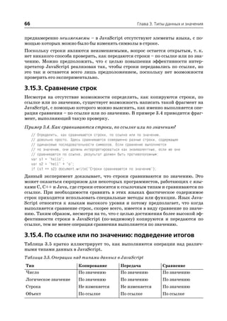 66                                                         Глава 3. Типы данных и значения


преднамеренно неизменяемы – в JavaScript отсутствуют элементы языка, с по
мощью которых можно было бы изменять символы в строке.
Поскольку строки являются неизменяемыми, вопрос остается открытым, т. к.
нет никакого способа проверить, как передаются строки – по ссылке или по зна
чению. Можно предположить, что с целью повышения эффективности интер
претатор JavaScript реализован так, чтобы строки передавались по ссылке, но
это так и останется всего лишь предположением, поскольку нет возможности
проверить его экспериментально.

3.15.3. Сравнение строк
Несмотря на отсутствие возможности определить, как копируются строки, по
ссылке или по значению, существует возможность написать такой фрагмент на
JavaScript, с помощью которого можно выяснить, как именно выполняется опе
рация сравнения – по ссылке или по значению. В примере 3.4 приводится фраг
мент, выполняющий такую проверку.
Пример 3.4. Как сравниваются строки, по ссылке или по значению?
     // Определить, как сравниваются строки, по ссылке или по значению,
     // довольно просто. Здесь сравниваются совершенно разные строки, содержащие
     // одинаковые последовательности символов. Если сравнение выполняется
     // по значению, они должны интерпретироваться как эквивалентные, если же они
     // сравниваются по ссылке, результат должен быть противоположным:
     var s1 = "hello";
     var s2 = "hell" + "o";
     if (s1 == s2) document.write("Строки сравниваются по значению");
Данный эксперимент доказывает, что строки сравниваются по значению. Это
может оказаться сюрпризом для некоторых программистов, работающих с язы
ками C, C++ и Java, где строки относятся к ссылочным типам и сравниваются по
ссылке. При необходимости сравнить в этих языках фактическое содержимое
строк приходится использовать специальные методы или функции. Язык Java
Script относится к языкам высокого уровня и потому предполагает, что когда
выполняется сравнение строк, скорее всего, имеется в виду сравнение по значе
нию. Таким образом, несмотря на то, что с целью достижения более высокой эф
фективности строки в JavaScript (по видимому) копируются и передаются по
ссылке, тем не менее операция сравнения выполняется по значению.

3.15.4. По ссылке или по значению: подведение итогов
Таблица 3.5 кратко иллюстрирует то, как выполняются операции над различ
ными типами данных в JavaScript.
Таблица 3.5. Операции над типами данных в JavaScript
Тип                          Копирование          Передача              Сравнение
Число                        По значению          По значению           По значению
Логическое значение          По значению          По значению           По значению
Строка                       Не изменяется        Не изменяется         По значению
Объект                       По ссылке            По ссылке             По ссылке
 