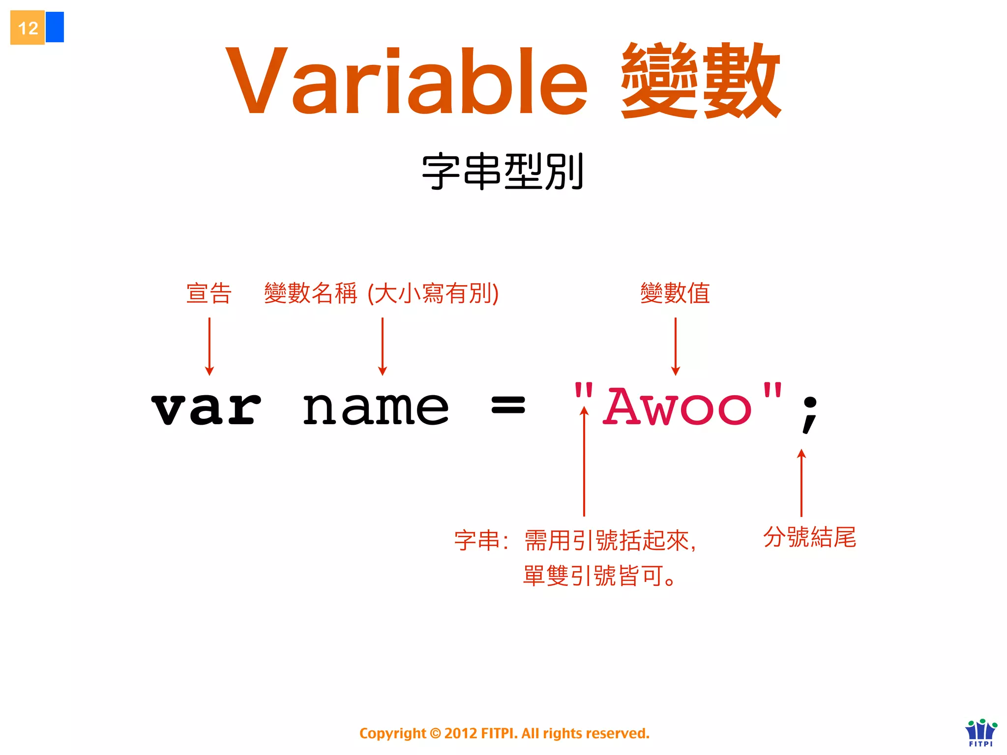 12


     JavaScript 語法
         我的第一個 JavaScript
              Hello! <Name>


       var name = "Awoo";
       alert("Hello! " + name);



                         練習看看
      http://f2eclass.com/lab/js/hello.html



              Copyright © 2012 FITPI. All rights reserved.
 