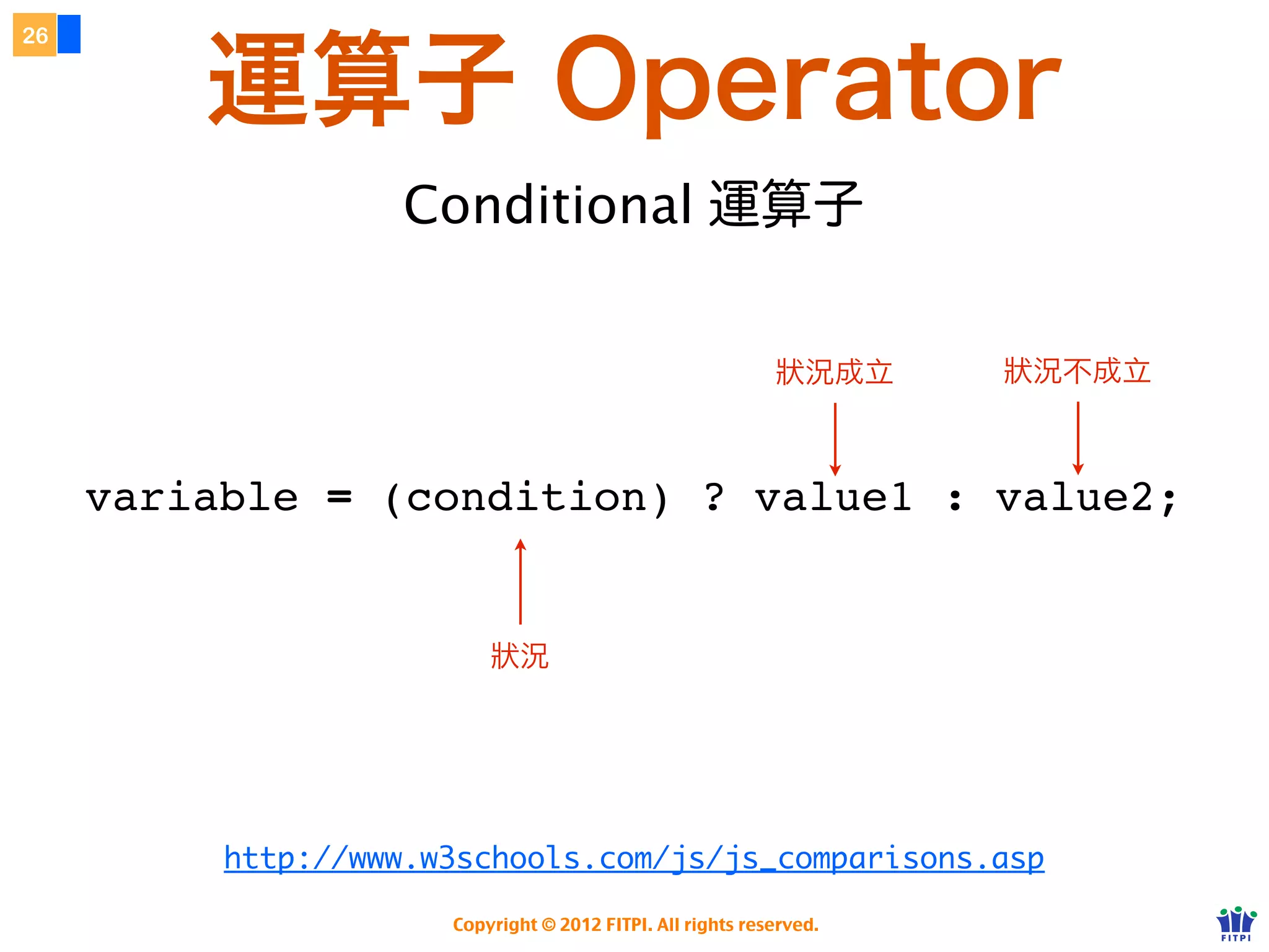 26


                    全域變數
     未透過 var 或在底層宣告的，會影響所有的 JS

        var doSomething = function () {
            foo = 1;
        };
                            缺乏 var 宣告，一旦 doSomething 執行、
        doSomething();
                            foo 會變成全域變數。


        <script type="text/javascript">

        var foo = 1;

        </script>                   在最上層宣告，同樣是全域變數



      注意：禁止使用全域變數、會非常混亂！
                    Copyright © 2012 FITPI. All rights reserved.
 