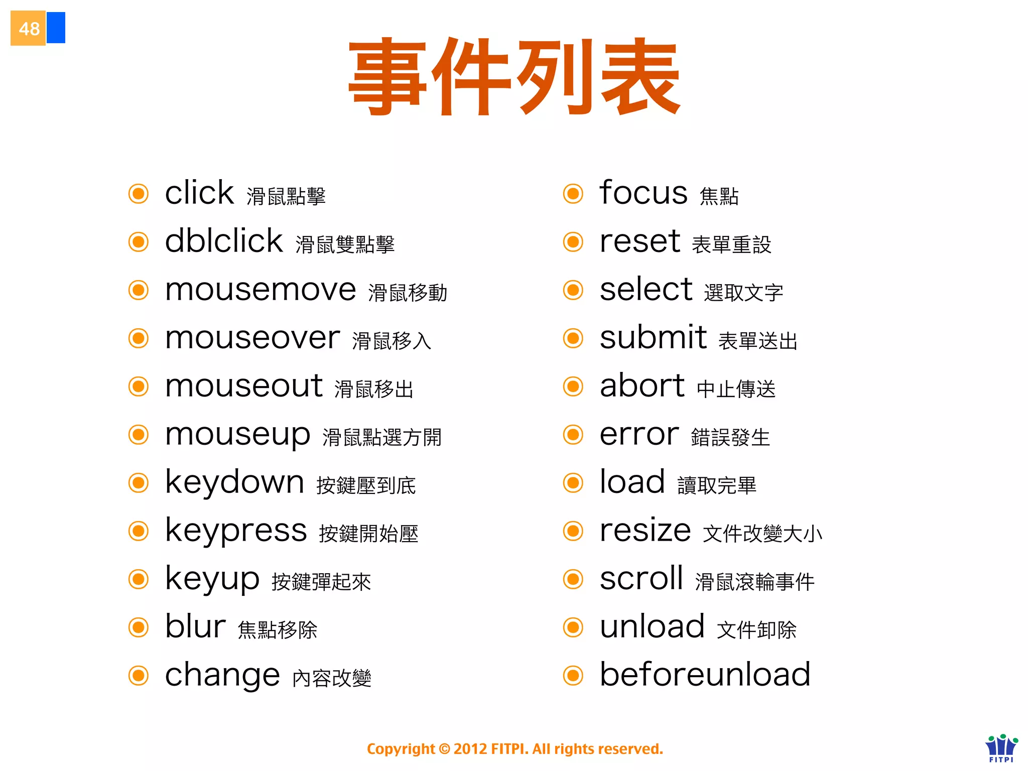 43



                        DOM Tree
 <!DOCTYPE html>
 <html>
 <head>
 <title>Trees, trees, everywhere</title>
 </head>
 <body>
   <h1>Trees, trees, everywhere</h1>
   <p>Welcome to a <em>really</em> boring page.</p>
   <div>
     Come again soon.
     <img src="come-again.gif" />
   </div>
 </body>
 </html>




            標籤、文字、屬性都是 DOM 的一部分

                               Copyright © 2012 FITPI. All rights reserved.
 