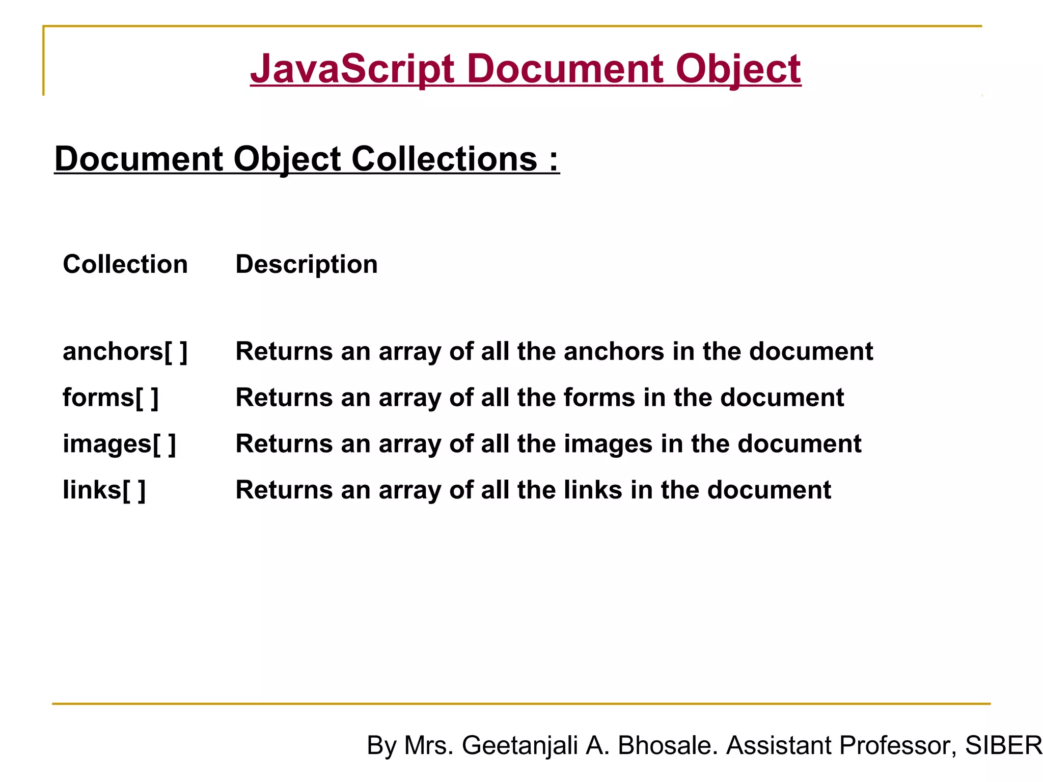 JavaScript Document Object

Document Object Collections :

Collection   Description


anchors[ ]   Returns an array of all the anchors in the document
forms[ ]     Returns an array of all the forms in the document
images[ ]    Returns an array of all the images in the document
links[ ]     Returns an array of all the links in the document




                       By Mrs. Geetanjali A. Bhosale. Assistant Professor, SIBER
 
