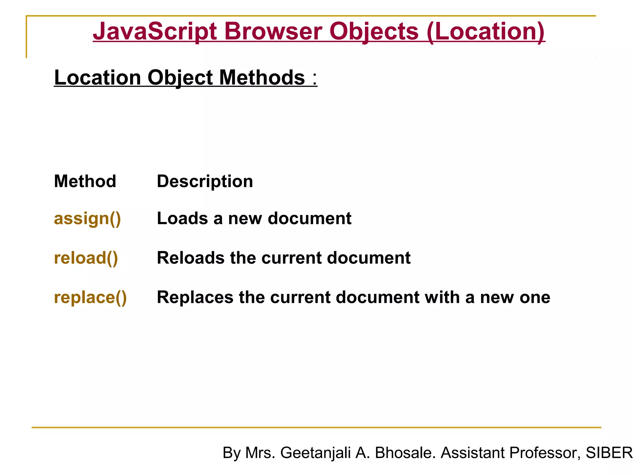 JavaScript Browser Objects (Location)
Location Object Methods :



Method      Description

assign()    Loads a new document

reload()    Reloads the current document

replace()   Replaces the current document with a new one




                   By Mrs. Geetanjali A. Bhosale. Assistant Professor, SIBER
 