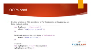 OOPs cond


• Creating functions in JS is considered to the Object, using prototypes you can
  define methods for that
 