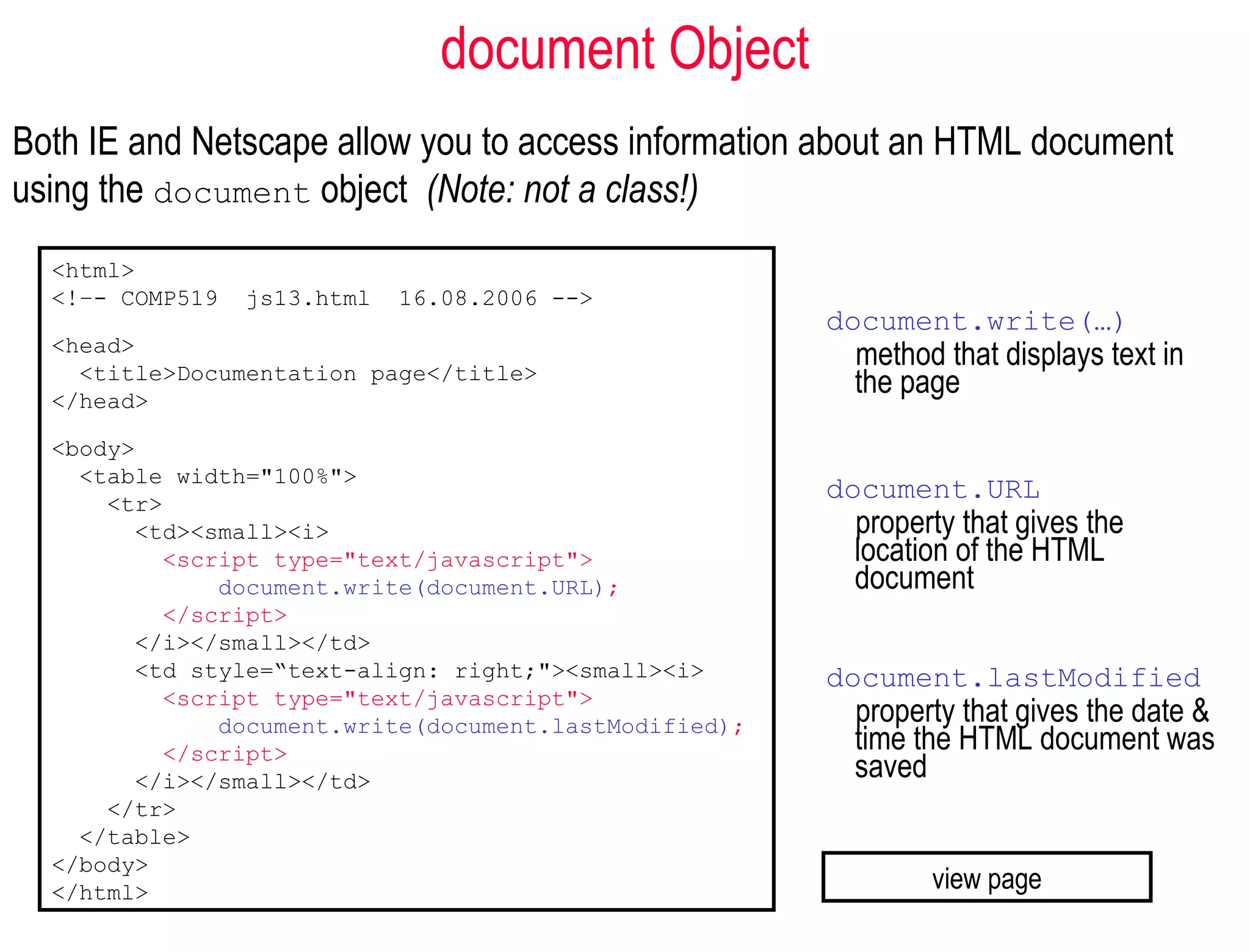 document Object
Both IE and Netscape allow you to access information about an HTML document
using the document object (Note: not a class!)
  <html>
  <!–- COMP519   js13.html   16.08.2006 -->
                                                        document.write(…)
  <head>
    <title>Documentation page</title>
                                                         method that displays text in
  </head>
                                                         the page
  <body>
    <table width="100%">
      <tr>
                                                        document.URL
        <td><small><i>                                   property that gives the
           <script type="text/javascript">               location of the HTML
               document.write(document.URL);             document
           </script>
        </i></small></td>
        <td style=“text-align: right;"><small><i>       document.lastModified
           <script type="text/javascript">
               document.write(document.lastModified);    property that gives the date &
           </script>                                     time the HTML document was
        </i></small></td>                                saved
      </tr>
    </table>
  </body>
  </html>                                                      view page
 