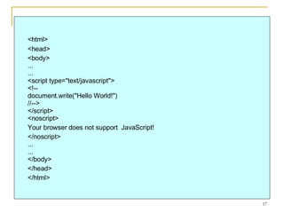 <html> <head> <body> ... ... <script type="text/javascript"> <!-- document.write("Hello World!") //--> </script> <noscript> Your browser does not support  JavaScript! </noscript> ... ... </body>  </head> </html> 