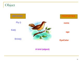 Object A bird (object) Fly () name age EyeColor Eat() Drink() METHODS PROPERTIES 
