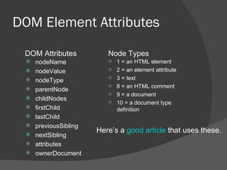 DOM Element Attributes nodeName nodeValue nodeType parentNode childNodes firstChild lastChild previousSibling nextSibling attributes ownerDocument 1 = an HTML element 2 = an element attribute 3 = text 8 = an HTML comment 9 = a document 10 = a document type definition DOM Attributes Node Types Here’s a  good article  that uses these. 