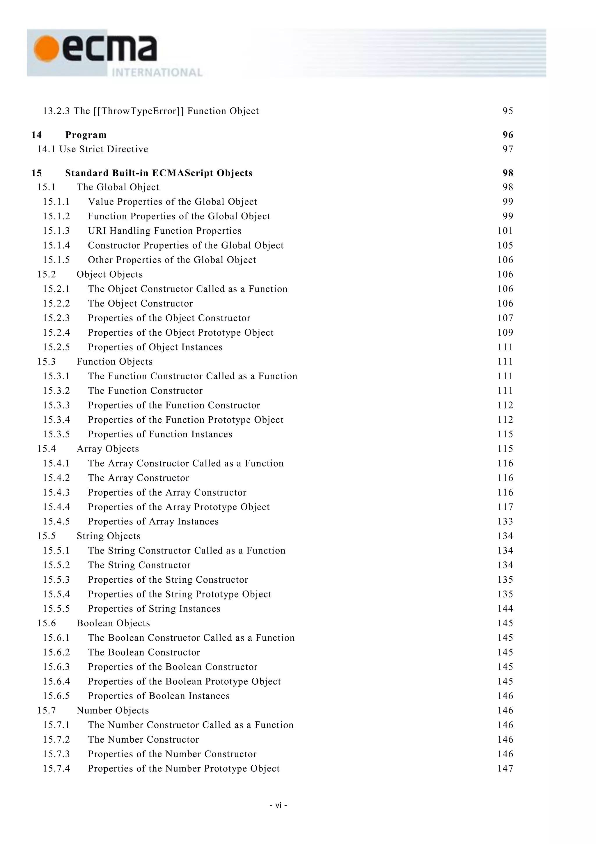 13.2.3 The [[ThrowTypeError]] Function Object               95

14     Program                                                96
 14.1 Use Strict Directive                                    97

15      Standard Built-in ECMAScript Objects                  98
 15.1     The Global Object                                   98
   15.1.1    Value Properties of the Global Object            99
   15.1.2    Function Properties of the Global Object         99
   15.1.3    URI Handling Function Properties                101
   15.1.4    Constructor Properties of the Global Object     105
   15.1.5    Other Properties of the Global Object           106
 15.2     Object Objects                                     106
   15.2.1    The Object Constructor Called as a Function     106
   15.2.2    The Object Constructor                          106
   15.2.3    Properties of the Object Constructor            107
   15.2.4    Properties of the Object Prototype Object       109
   15.2.5    Properties of Object Instances                  111
 15.3     Function Objects                                   111
   15.3.1    The Function Constructor Called as a Function   111
   15.3.2    The Function Constructor                        111
   15.3.3    Properties of the Function Constructor          112
   15.3.4    Properties of the Function Prototype Object     112
   15.3.5    Properties of Function Instances                115
 15.4     Array Objects                                      115
   15.4.1    The Array Constructor Called as a Function      116
   15.4.2    The Array Constructor                           116
   15.4.3    Properties of the Array Constructor             116
   15.4.4    Properties of the Array Prototype Object        117
   15.4.5    Properties of Array Instances                   133
 15.5     String Objects                                     134
   15.5.1    The String Constructor Called as a Function     134
   15.5.2    The String Constructor                          134
   15.5.3    Properties of the String Constructor            135
   15.5.4    Properties of the String Prototype Object       135
   15.5.5    Properties of String Instances                  144
 15.6     Boolean Objects                                    145
   15.6.1    The Boolean Constructor Called as a Function    145
   15.6.2    The Boolean Constructor                         145
   15.6.3    Properties of the Boolean Constructor           145
   15.6.4    Properties of the Boolean Prototype Object      145
   15.6.5    Properties of Boolean Instances                 146
 15.7     Number Objects                                     146
   15.7.1    The Number Constructor Called as a Function     146
   15.7.2    The Number Constructor                          146
   15.7.3    Properties of the Number Constructor            146
   15.7.4    Properties of the Number Prototype Object       147


                                                   - vi -
 