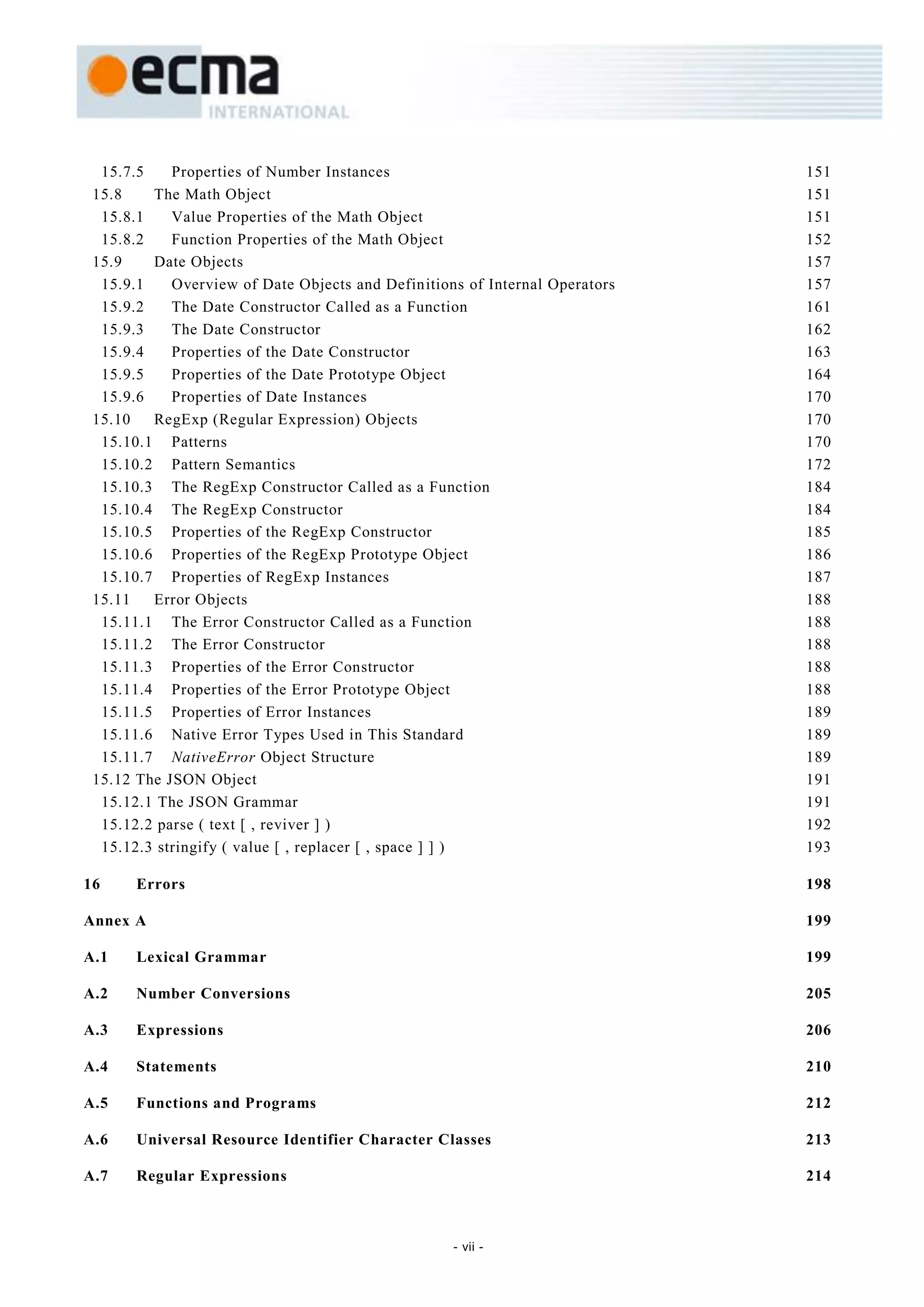 15.7.5    Properties of Number Instances                                   151
 15.8    The Math Object                                                     151
  15.8.1    Value Properties of the Math Object                              151
  15.8.2    Function Properties of the Math Object                           152
 15.9    Date Objects                                                        157
  15.9.1    Overview of Date Objects and Definitions of Internal Operators   157
  15.9.2    The Date Constructor Called as a Function                        161
  15.9.3    The Date Constructor                                             162
  15.9.4    Properties of the Date Constructor                               163
  15.9.5    Properties of the Date Prototype Object                          164
  15.9.6    Properties of Date Instances                                     170
 15.10   RegExp (Regular Expression) Objects                                 170
  15.10.1 Patterns                                                           170
  15.10.2 Pattern Semantics                                                  172
  15.10.3 The RegExp Constructor Called as a Function                        184
  15.10.4 The RegExp Constructor                                             184
  15.10.5 Properties of the RegExp Constructor                               185
  15.10.6 Properties of the RegExp Prototype Object                          186
  15.10.7 Properties of RegExp Instances                                     187
 15.11   Error Objects                                                       188
  15.11.1 The Error Constructor Called as a Function                         188
  15.11.2 The Error Constructor                                              188
  15.11.3 Properties of the Error Constructor                                188
  15.11.4 Properties of the Error Prototype Object                           188
  15.11.5 Properties of Error Instances                                      189
  15.11.6 Native Error Types Used in This Standard                           189
  15.11.7 NativeError Object Structure                                       189
 15.12 The JSON Object                                                       191
  15.12.1 The JSON Grammar                                                   191
  15.12.2 parse ( text [ , reviver ] )                                       192
  15.12.3 stringify ( value [ , replacer [ , space ] ] )                     193

16     Errors                                                                198

Annex A                                                                      199

A.1    Lexical Grammar                                                       199

A.2    Number Conversions                                                    205

A.3    Expressions                                                           206

A.4    Statements                                                            210

A.5    Functions and Programs                                                212

A.6    Universal Resource Identifier Character Classes                       213

A.7    Regular Expressions                                                   214



                                                   - vii -
 