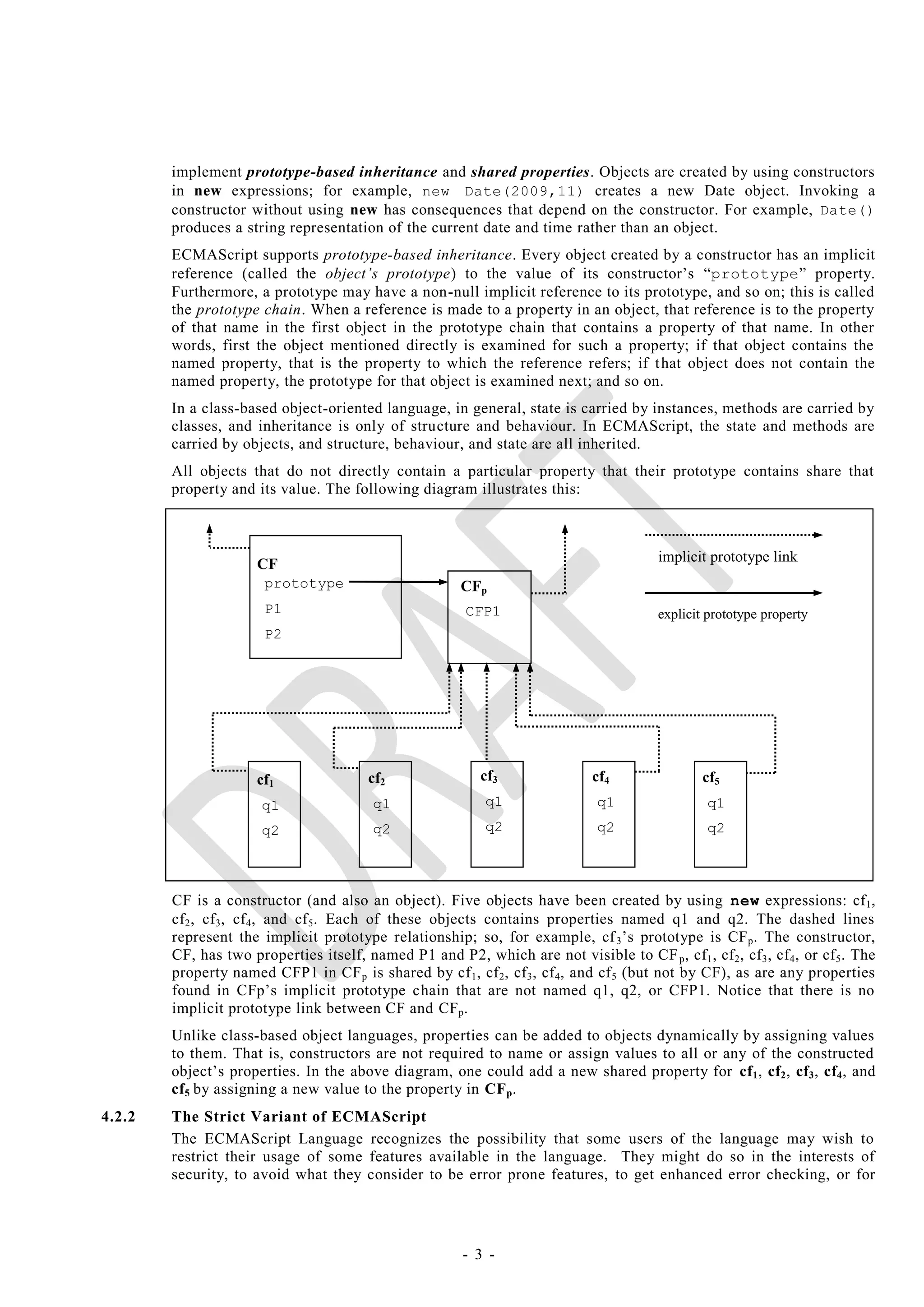 implement prototype-based inheritance and shared properties. Objects are created by using constructors
        in new expressions; for example, new Date(2009,11) creates a new Date object. Invoking a
        constructor without using new has consequences that depend on the constructor. For example, Date()
        produces a string representation of the current date and time rather than an object.
        ECMAScript supports prototype-based inheritance. Every object created by a constructor has an implicit
        reference (called the object‘s prototype) to the value of its constructor‘s ―prototype‖ property.
        Furthermore, a prototype may have a non-null implicit reference to its prototype, and so on; this is called
        the prototype chain. When a reference is made to a property in an object, that reference is to the property
        of that name in the first object in the prototype chain that contains a property of that name. In other
        words, first the object mentioned directly is examined for such a property; if that object contains the
        named property, that is the property to which the reference refers; if t hat object does not contain the
        named property, the prototype for that object is examined next; and so on.
        In a class-based object-oriented language, in general, state is carried by instances, methods are carried by
        classes, and inheritance is only of structure and behaviour. In ECMAScript, the state and methods are
        carried by objects, and structure, behaviour, and state are all inherited.
        All objects that do not directly contain a particular property that their prototype contains share that
        property and its value. The following diagram illustrates this:



                      CF                                                                  implicit prototype link
                       prototype                         CFp
                       P1                                 CFP1                            explicit prototype property
                       P2




                      cf1                cf2                cf3                cf4                cf5
                       q1                 q1                 q1                 q1                 q1
                       q2                 q2                 q2                 q2                 q2



        CF is a constructor (and also an object). Five objects have been created by using new expressions: cf 1,
        cf2 , cf 3, cf 4, and cf 5. Each of these objects contains properties named q1 and q2. The dashed lines
        represent the implicit prototype relationship; so, for example, cf 3‘s prototype is CF p . The constructor,
        CF, has two properties itself, named P1 and P2, which are not visible to CF p , cf 1 , cf 2 , cf 3 , cf 4 , or cf 5. The
        property named CFP1 in CF p is shared by cf 1, cf 2, cf 3 , cf 4, and cf 5 (but not by CF), as are any properties
        found in CFp‘s implicit prototype chain that are not named q1, q2, or CFP1. Notice that there is no
        implicit prototype link between CF and CFp .
        Unlike class-based object languages, properties can be added to objects dynamically by assigning values
        to them. That is, constructors are not required to name or assign values to all or any of the constructed
        object‘s properties. In the above diagram, one could add a new shared property for cf 1, cf2 , cf3 , cf4 , and
        cf5 by assigning a new value to the property in CF p.
4.2.2   The Strict Variant of ECMAScript
        The ECMAScript Language recognizes the possibility that some users of the language may wish to
        restrict their usage of some features available in the language. They might do so in the interests of
        security, to avoid what they consider to be error prone features, to get enhanced error checking, or for




                                                         - 3 -
 