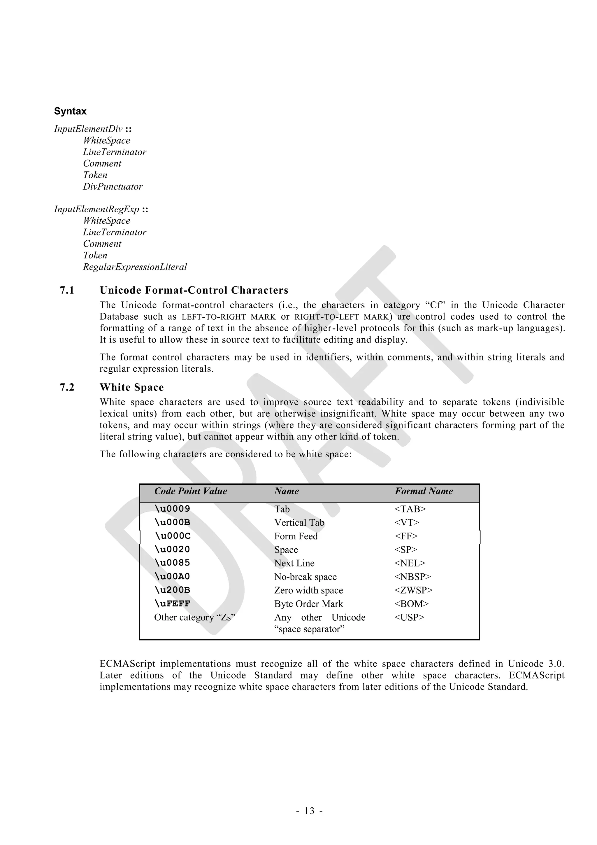 Syntax
InputElementDiv ::
       WhiteSpace
       LineTerminator
       Comment
       Token
       DivPunctuator

InputElementRegExp ::
       WhiteSpace
       LineTerminator
       Comment
       Token
       RegularExpressionLiteral

 7.1      Unicode Format-Control Characters
          The Unicode format-control characters (i.e., the characters in category ―Cf‖ in the Unicode Character
          Database such as LEFT - TO-RIGHT MARK or RIGHT- TO - LEFT MARK) are control codes used to control the
          formatting of a range of text in the absence of higher -level protocols for this (such as mark-up languages).
          It is useful to allow these in source text to facilitate editing and display.
          The format control characters may be used in identifiers, within comments, and within string literals and
          regular expression literals.
 7.2      White Space
          White space characters are used to improve source text readability and to separate tokens (indivisible
          lexical units) from each other, but are otherwise insignificant. White space may occur between any two
          tokens, and may occur within strings (where they are considered significant characters forming part of the
          literal string value), but cannot appear within any other kind of token.
          The following characters are considered to be white space:


                        Code Point Value          Name                         Formal Name
                        u0009                    Tab                          <TAB>
                        u000B                    Vertical Tab                 <VT>
                        u000C                    Form Feed                    <FF>
                        u0020                    Space                        <SP>
                        u0085                    Next Line                    <NEL>
                        u00A0                    No-break space               <NBSP>
                        u200B                    Zero width space             <ZWSP>
                        uFEFF                    Byte Order Mark              <BOM>
                        Other category ―Zs‖       Any other Unicode            <USP>
                                                  ―space separator‖


          ECMAScript implementations must recognize all of the white space characters defined in Unicode 3.0.
          Later editions of the Unicode Standard may define other white space characters. ECMAScript
          implementations may recognize white space characters from later editions of the Unicode Standard.




                                                       - 13 -
 