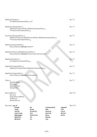 MultiLineComment ::                                                              See 7.4
       /* MultiLineCommentCharsopt */


MultiLineCommentChars ::                                                         See 7.4
       MultiLineNotAsteriskChar MultiLineCommentCharsopt
       * PostAsteriskCommentCharsopt


PostAsteriskCommentChars ::                                                      See 7.4
      MultiLineNotForwardSlashOrAsteriskChar MultiLineCommentCharsopt
      * PostAsteriskCommentCharsopt


MultiLineNotAsteriskChar ::                                                      See 7.4
       SourceCharacter but not asterisk *


MultiLineNotForwardSlashOrAsteriskChar ::                                        See 7.4
       SourceCharacter but not forward-slash / or asterisk *


SingleLineComment ::                                                             See 7.4
       // SingleLineCommentCharsopt


SingleLineCommentChars ::                                                        See 7.4
       SingleLineCommentChar SingleLineCommentCharsopt


SingleLineCommentChar ::                                                         See 7.4
       SourceCharacter but not LineTerminator


Token ::                                                                         See 7.5
       IdentifierName
       Punctuator
       NumericLiteral
       StringLiteral


ReservedWord ::                                                                  See 7.5.1
      Keyword
      FutureReservedWord
      NullLiteral
      BooleanLiteral


Keyword :: one of                                                                See 7.5.2
             break                  do                    instanceof    typeof
             case                   else                  new           var
             catch                  finally               return        void
             continue               for                   switch        while
             debugger               function              this          with
             default                if                    throw
             delete                 in                    try




                                                        - 200 -
 