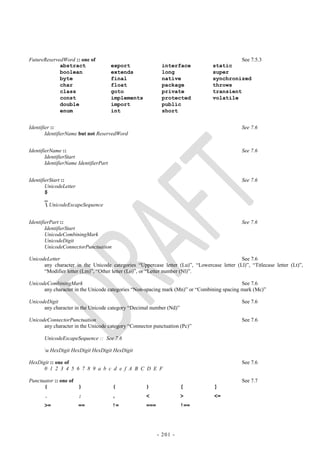 FutureReservedWord :: one of                                                              See 7.5.3
             abstract                   export              interface           static
             boolean                    extends             long                super
             byte                       final               native              synchronized
             char                       float               package             throws
             class                      goto                private             transient
             const                      implements          protected           volatile
             double                     import              public
             enum                       int                 short


Identifier ::                                                                                See 7.6
        IdentifierName but not ReservedWord


IdentifierName ::                                                                            See 7.6
        IdentifierStart
        IdentifierName IdentifierPart


IdentifierStart ::                                                                           See 7.6
        UnicodeLetter
        $
        _
         UnicodeEscapeSequence


IdentifierPart ::                                                                            See 7.6
        IdentifierStart
        UnicodeCombiningMark
        UnicodeDigit
        UnicodeConnectorPunctuation

UnicodeLetter                                                                              See 7.6
      any character in the Unicode categories ―Uppercase letter (Lu)‖, ―Lowercase letter (Ll)‖, ―Titlecase letter (Lt)‖,
      ―Modifier letter (Lm)‖, ―Other letter (Lo)‖, or ―Letter number (Nl)‖.

UnicodeCombiningMark                                                                        See 7.6
      any character in the Unicode categories ―Non-spacing mark (Mn)‖ or ―Combining spacing mark (Mc)‖

UnicodeDigit                                                                                 See 7.6
      any character in the Unicode category ―Decimal number (Nd)‖

UnicodeConnectorPunctuation                                                                  See 7.6
      any character in the Unicode category ―Connector punctuation (Pc)‖

       UnicodeEscapeSequence :: See 7.6

       u HexDigit HexDigit HexDigit HexDigit

HexDigit :: one of                                                                           See 7.6
      0 1 2 3 4 5 6 7 8 9 a b c d e f A B C D E F

Punctuator :: one of                                                                         See 7.7
      {              }                  (            )               [           ]
       .               ;                ,            <               >           <=
       >=              ==               !=           ===             !==




                                                           - 201 -
 