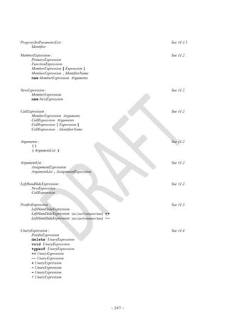 PropertySetParameterList :                                            See 11.1.5
      Identifier

MemberExpression :                                                    See 11.2
     PrimaryExpression
     FunctionExpression
     MemberExpression [ Expression ]
     MemberExpression . IdentifierName
     new MemberExpression Arguments


NewExpression :                                                       See 11.2
     MemberExpression
     new NewExpression


CallExpression :                                                      See 11.2
      MemberExpression Arguments
      CallExpression Arguments
      CallExpression [ Expression ]
      CallExpression . IdentifierName


Arguments :                                                           See 11.2
     ()
     ( ArgumentList )


ArgumentList :                                                        See 11.2
     AssignmentExpression
     ArgumentList , AssignmentExpression


LeftHandSideExpression :                                              See 11.2
      NewExpression
      CallExpression


PostfixExpression :                                                   See 11.3
       LeftHandSideExpression
       LeftHandSideExpression [no LineTerminator here] ++
       LeftHandSideExpression [no LineTerminator here] --


UnaryExpression :                                                     See 11.4
      PostfixExpression
      delete UnaryExpression
      void UnaryExpression
      typeof UnaryExpression
      ++ UnaryExpression
      -- UnaryExpression
      + UnaryExpression
      - UnaryExpression
      ~ UnaryExpression
      ! UnaryExpression




                                                            - 207 -
 